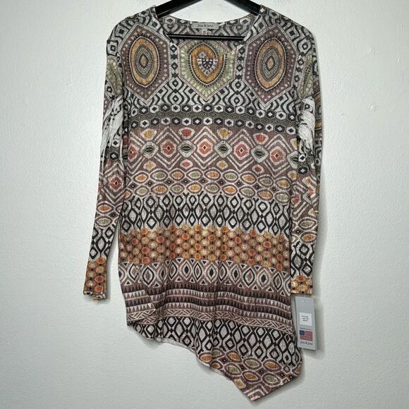 Jess & Jane Aztec Print Asymmetrical Hem Linen Blend 3/4 Sleeve Top Size… - Picture 1 of 7